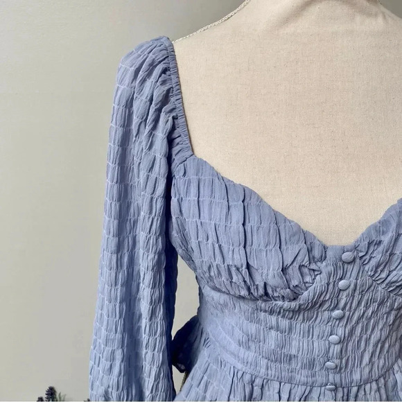 Lush Maria Smocked Peplum Blouse Blue Long Sleeve Size Medium - Picture 4 of 15